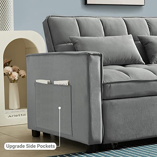 Antetek 3 in 1 Convertible Sleeper Sofa Bed, Modern Velvet Loveseat Futon Couch w/Pullout Bed, Small Love Seat Lounge Sofa w/Reclining Backrest, Toss Pillows, Pockets, Furniture for Living Room, Grey Antetek
