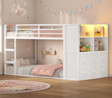 BTHFST Bunk Bed Twin Over Twin with 6 Large Fabric Drawers & 4 Wooden Storage Bookshelf Organizer, Metal Low Bunk Bed for Kids with LED Lights & Safety Ladder and Guardrail, Space Saving BTHFST