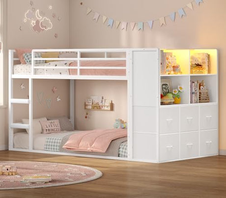 BTHFST Bunk Bed Twin Over Twin with 6 Large Fabric Drawers & 4 Wooden Storage Bookshelf Organizer, Metal Low Bunk Bed for Kids with LED Lights & Safety Ladder and Guardrail, Space Saving BTHFST
