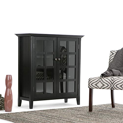 SIMPLIHOME Acadian SOLID WOOD 39 inch Wide Rustic Medium Storage Cabinet in Black, with 2 Tempered Glass Doors, 4 Adjustable Shelves - WoodArtSupply