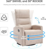 360° Swivel Rocker Recliner Chair for Small Spaces, Manual Reclining Chair for Adults, Rocking Glider Chair for Nursery, Living Room, Bedroom, Polyester Fabric Cream Beige
