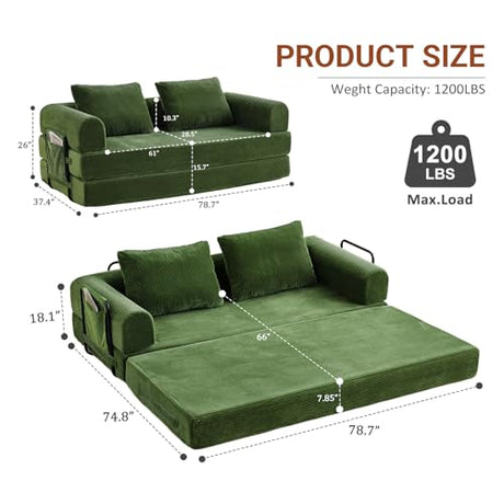 Liiwepo 79" Convertible Sofa Bed, 5-in-1Boneless Couch for Living Room with 2 Pillows Corduroy Folding Sleeper Sofa Bed, Boneless Cloud Loveseat Futon Sofa Bed for Living Room Bedroom Lounge, Green Liiwepo