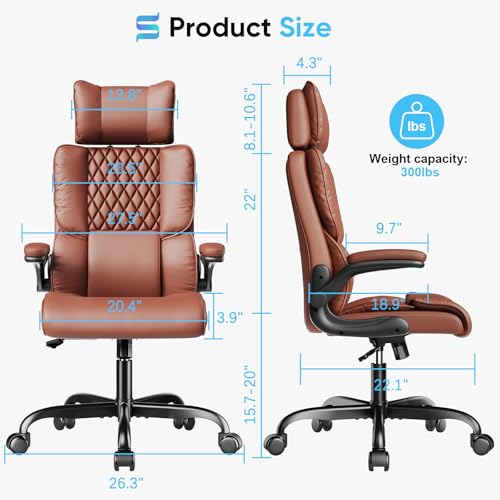 Sytas Executive Office Ergonomic Chair with Adjustable Headrest, PU Leather Desk Chair, High-Back Swivel Task Chair for Home Office, 135° Reclining, Brown Sytas