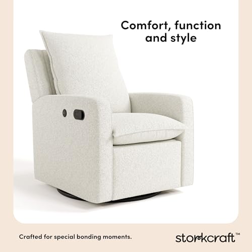 Storkcraft Timeless Recliner Glider with USB Charging Port (Ivory Boucle) - Ultimate Nursery Rocking Chair, Baby Glider Chair for Nursery, 360° Swivel Recliner, Plush Upholstery