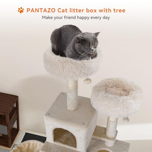 PANTAZO Cat Tree with Litter Box Enclosure 2-in-1 Wooden Cat House Furniture, 76.8 Inch Tall Cat Condo with Hammock, Scratching Posts White - WoodArtSupply