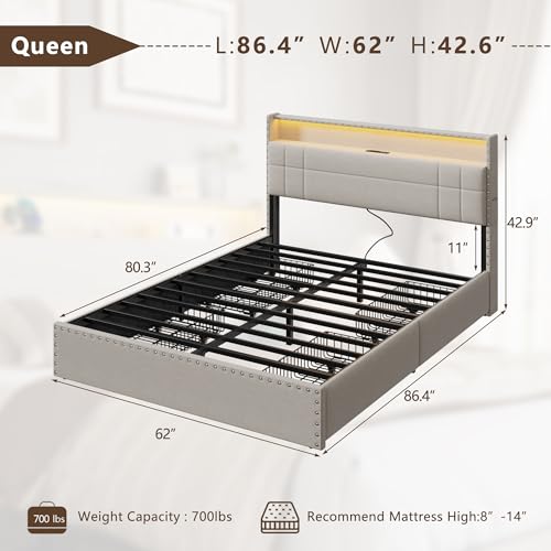 Forestell Queen Bed Frame with 4 Drawers and Storage Headboard, Upholstered Platform Bed Frame Queen Size with LED Lights and Charging Station, Metal Slats Support, No Box Spring Needed, Beige Forestell
