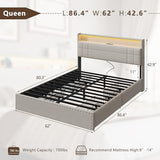 Forestell Queen Bed Frame with 4 Drawers and Storage Headboard, Upholstered Platform Bed Frame Queen Size with LED Lights and Charging Station, Metal Slats Support, No Box Spring Needed, Beige Forestell