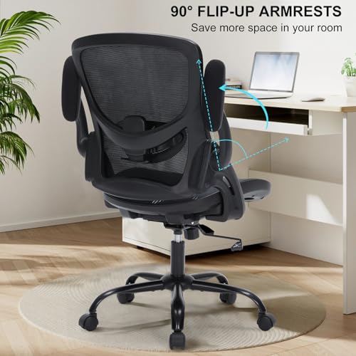 Office Chair, Ergonomic Desk Chair with Adjustable Lumbar Support, Comfy Breathable Mesh Chair with Wheels and Flip-Up Armrests, Executive Chairs for Home Office Comfortable Chair with Rolling Swivel SOERGO