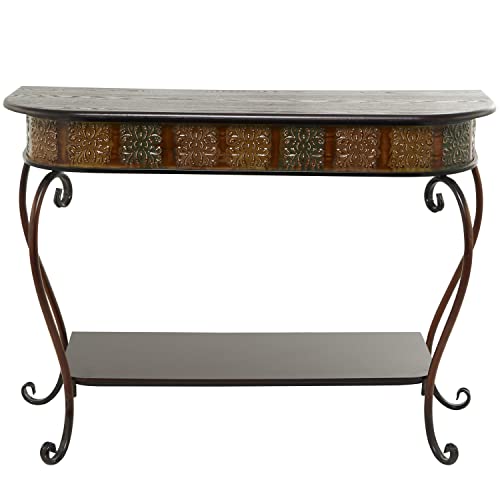 Deco 79 Metal Floral Embossed 1 Shelf Console Table with Ornate Scroll Legs, 43" x 14" x 32", Brown Deco 79