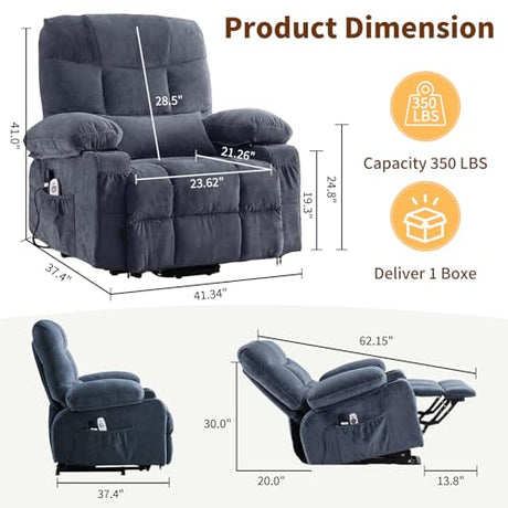 PoteSoar Power Lift Recliner Chair for Elderly with Massage and Heat, Comfortable Electric Power Reclining Chair with Side Pockets,2 Cup Holders and USB Charging Port for Living Room (Blue) PoteSoar