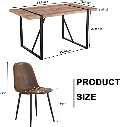 Ganooly Rustic 5 Piece Dining Room Table Set for 4 People, 55 Inch Rectangle Kitchen Dining Table with Wood Tabletop and Metal Frame & 4 Fabric Chairs Set, Suitable for Small Space Ganooly