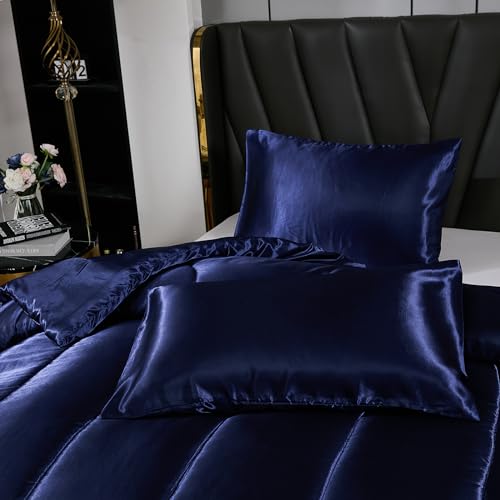 Satin Comforter Set King Silk Like Silky Bedding Set Luxury Hotel Silky Bed Home Deocr Navy Blue Soft Down Comforter Silky Quilt Set Bedding_Dreamer