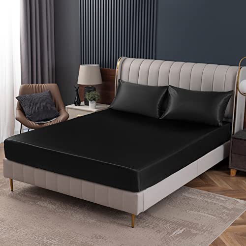 Homiest Black Satin Fitted Sheet Full Size Deep Pocket Luxury & Ultra Soft Bedding Single Bottom Bed Sheets Sold Separately Homiest
