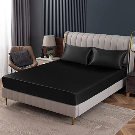 Homiest Black Satin Fitted Sheet Twin Size, Deep Pocket, Luxury & Ultra Soft Bedding Homiest
