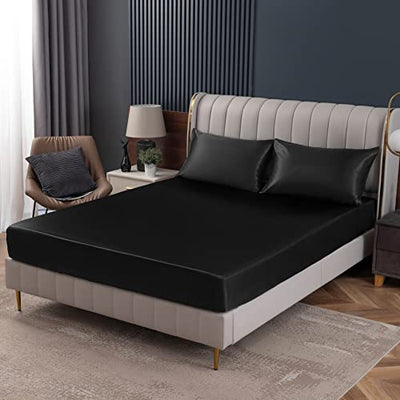 Homiest Black Satin Fitted Sheet Full Size Deep Pocket Luxury & Ultra Soft Bedding Single Bottom Bed Sheets Sold Separately