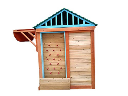 Outdoor Playhouse for Age 3-8 Years Boy Girl, Wooden Cottage Playhouse with 4 Game Awning Window, Ball Wall & Tetris. Play House for Outdoor Garden,