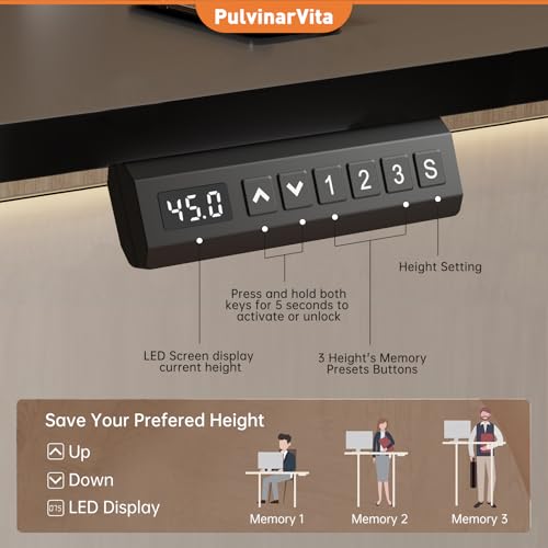 PulvinarVita Standing Desk Frame, Stand up Desk Frame Workstation, Electric Adjustable Legs, 3 Memory Height Settings, with Cable Management Tray and Storage Bag, 2pcs Headphone Hook PulvinarVita