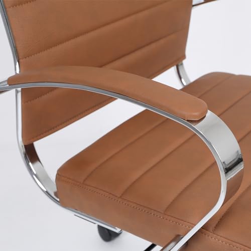LANDSUN Home Office Chair Mid Back Desk Chair PU Leather Ribbed Executive Swivel Computer Chair with Wheels and Armrests Soft Padded Adjustable Height Conference Task Brown LANDSUN