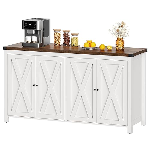 YITAHOME Farmhouse Sideboard Buffet Cabinet with Storage with 4 Doors, 55'' Large Kitchen Storage Cabinet, Wood Coffee Bar Cabinet with Adjustable Shelf for Kitchen, Living Room, White YITAHOME