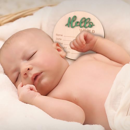 Baby Announcement Sign, 5.9 Inch Wooden Hello World Newborn Welcome Sign Birth Baby Name Plaques for Photo Props Baby Shower Hospital Nursery(Green) NQEUEPN