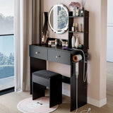 Montary 31.5" Compact Vanity Desk Set with Soft Cushion Stool, 2 AC & 2 USB Power Outlets, Hair Dryer Holder, Large Mirror, Adjustable LED Light, Drawers, Multi - Layer/Hidden Storage, Black Montary