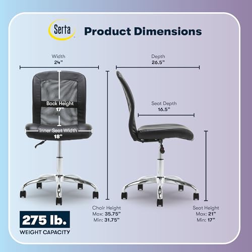 Serta Essential Armless TaskChair, Small Desk Chairs with Wheels, Breathable Mesh Back and Faux Leather, Quality Foam Cushion Seat for Comfort, Minimal Design for Vanity Table, Black Serta