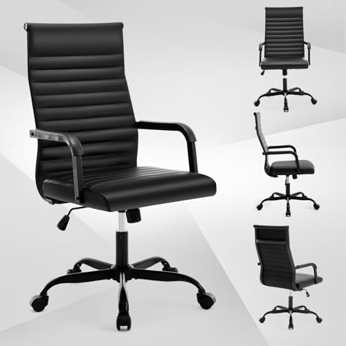 Haranuo Office Chair, Ergonomic Executive Conference Room Chairs, Ribbed Leather Desk Chair with Lumbar Support, Adjustable Height Mid-Back Swivel Chair with Padded Seat and Square Tube Armrests Haranuo