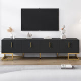 ON-TREND Modern TV Stand with Metal Legs and Gold Handles for TVs Up to 80'', Media Console Table with Cabinets and Adjustable Shelves, Luxury TV Cabinet with Geometric Lines for Living Room, Black Harper & Bright Designs