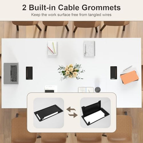 Nightcore Rectangle Conference Table for 10, 8 ft Large Seminar Table with 2 Cable Grommets, Modern Industrial Office Computer Desk with Metal Legs for Boardroom, Meeting Room, White Goplus