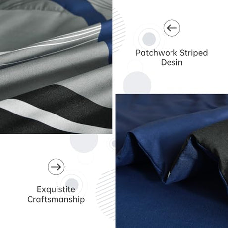 Anibedding Navy Blue Comforter Set Queen Size,8 Pieces Boho Bed in a Bag Patchwork Striped Comforter Set, Soft Microfiber Bedding Set for All Season(90"×90") Anibedding