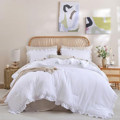 JANZAA Queen Comforter Set White Comforter 3PCS (1 Ruffle Comforter and 2 Pillowcases) Vintage Farmhouse Shabby Chic Bedding Soft Fluffy Bed Set Queen All Season