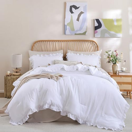 JANZAA Twin Comforter Set White Comforter Ruffled Comforter Set Soft Twin Size Bed Set Vintage Farmhouse Bed Comforter Set Fluffy Shabby Chic Bedding with 1 Pillowcase JANZAA