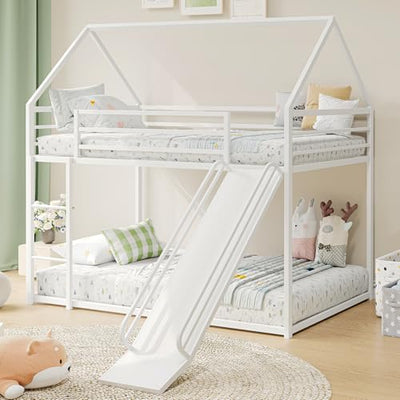 YIORTWO House Bunk Bed Twin-Over-Twin Low Metal Frame with Roof Fun Convertible Slide & Full Safety Guardrails Durable Toddler Bunk Bed with Montessori Floor Design,White