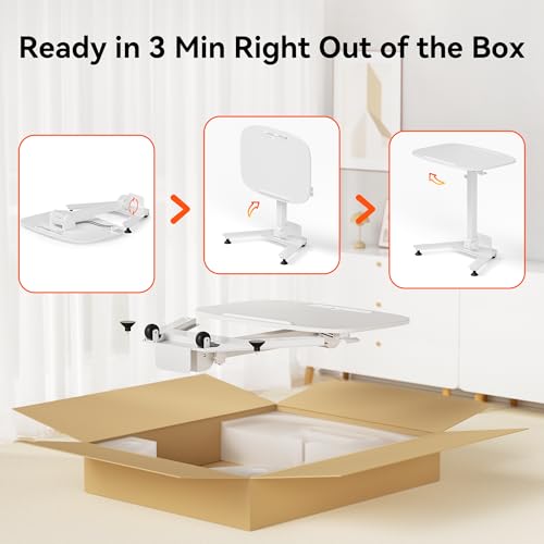 WALKINGDESK Foldable Pneumatic Height Adjustable Mobile Standing Desk with 90° Tiltable Tabletop, 27.2x18.9 Inch Portable Laptop Desk with Wheels, Holds Up to 66.1lbs for Home Office, Study, White WALKINGDESK