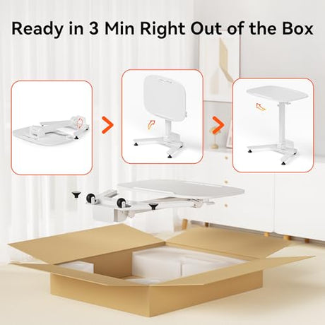 WALKINGDESK Foldable Pneumatic Height Adjustable Mobile Standing Desk with 90° Tiltable Tabletop, 27.2x18.9 Inch Portable Laptop Desk with Wheels, Holds Up to 66.1lbs for Home Office, Study, White WALKINGDESK