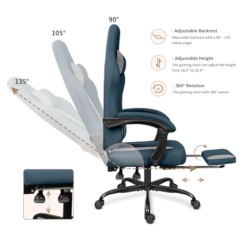 ErgoDesign Breathable Fabric Gaming Chair with Footrest, Height Adjustable Game Chair, Video Gaming Chair for Gaming Room, Living Room and Office - Blue/Light Grey ErgoDesign