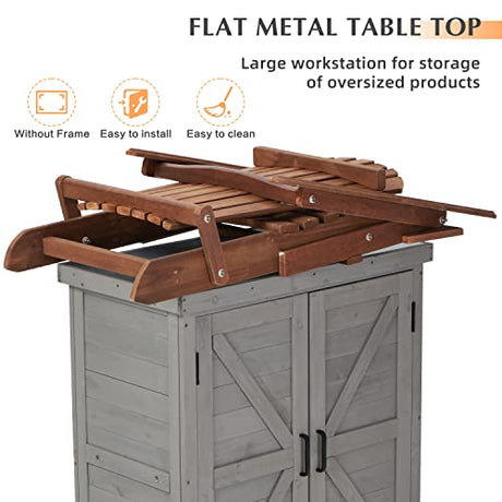 Outdoor Storage Cabinet & Potting Bench Table with Metal Top, Wooden Patio Furniture, Garden Workstation (Royal Brown, 36x31x17in) SoliWood