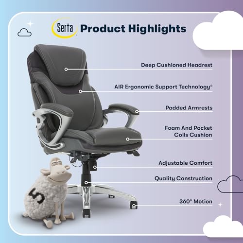 Serta Bryce Executive Office Chair, Ergonomic Computer DeskChairs with Patented AIR Lumbar Support, Comfy Body Pillows, Height Adjustable, Swivel Base with Wheels, Bonded Leather, Gray Serta