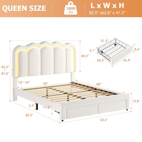 Queen Upholstered LED Bed Frame with 2 Storage Drawers and Adjustable Chic Double Wavy Headboard, Velvet Princess Platform Bed with Charing Station, Solid Wood Slats Support,No Box Spring Needed,Beige Jocoevol