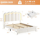 Queen Upholstered LED Bed Frame with 2 Storage Drawers and Adjustable Chic Double Wavy Headboard, Velvet Princess Platform Bed with Charing Station, Solid Wood Slats Support,No Box Spring Needed,Beige Jocoevol