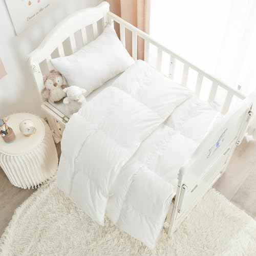 ROSE FEATHER Toddler/Travel/Crib Goose Down Comforter Duvet/Blanket Multifunctional,100% Organic Cotton & Washable Unisex Kids,All Season,White 47x60 ROSE FEATHER