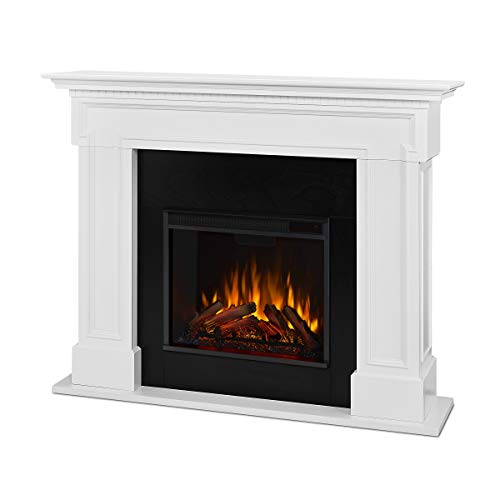 Real Flame Thayer 55” Electric Fireplace with Mantel for Living Room or Bedroom, Replaceable Fireplace Insert Heater, Realistic Log and Flame Effect, Remote Control, Timer, White Real Flame