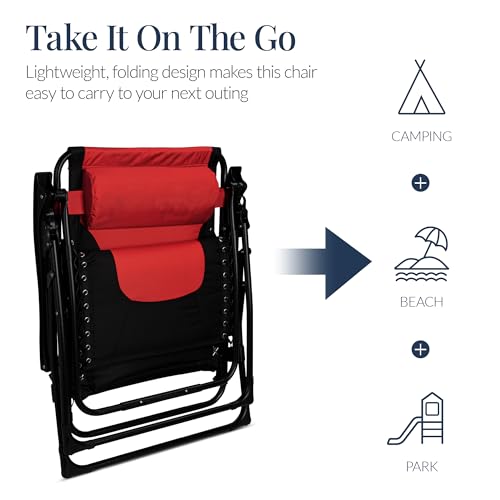 Best Choice Products Oversized Padded Zero Gravity Chair, Folding Outdoor Patio Recliner, XL Anti Gravity Lounger for Backyard w/Headrest, Cup Holder, Side Tray, Polyester Mesh - Red