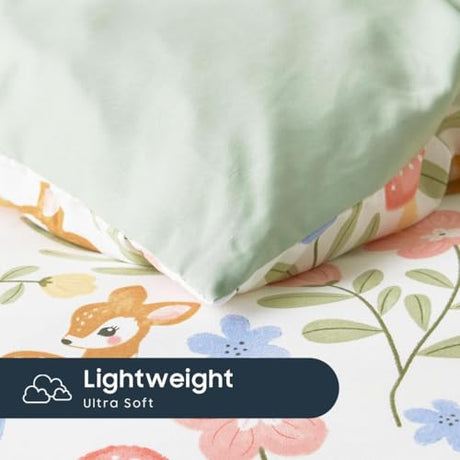 Wake In Cloud - Floral Bedding Set for Girls, Cute Colorful Botanical Flowers Deers Patterned Soft Lightweight Comforter Set with Sheets, 5 Pieces Kids Bed in a Bag, Green Cream, Twin Size Wake In Cloud