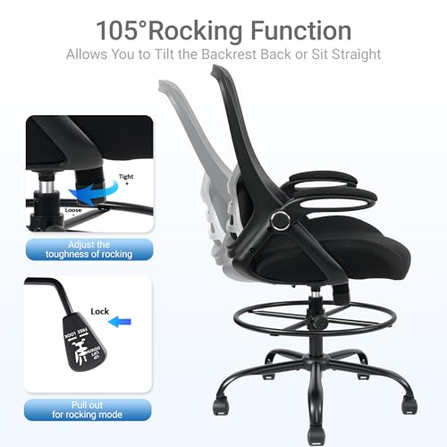 HYLONE 400lbs Big and Tall Heavy Duty Drafting Chair 5" Thickened Seat Tall Office Chair Flip-Up Armrests Ergonomic Chair with Lumbar Support and Adjustable Footrest Ring Standing Desk Chair (Black) HYLONE