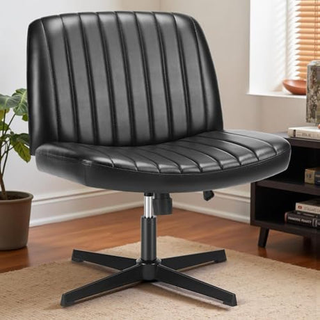 DUMOS Desk Chair No Wheels, Criss Cross Chair Wide Cross Legged Office Desk Vanity Chair, PU Leather Armless Adjustable Swivel Chairs for Home Computer Task Black DUMOS