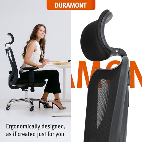 Ergonomic Office Chair - Adjustable Desk Chair with Lumbar Support and Rollerblade Wheels - High Back Chairs with Breathable Mesh - Thick Seat Cushion, Head, and Arm Rests - Reclines (Black) Duramont