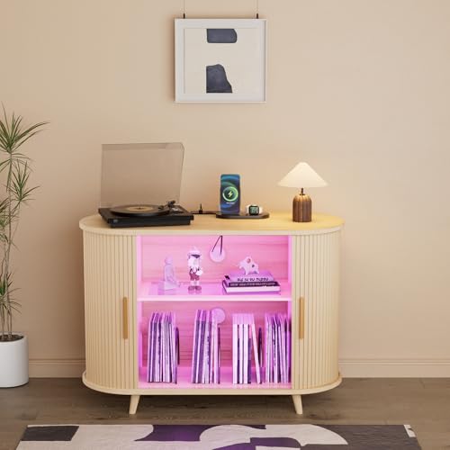 YKVIQBY 39" Record Player Stand with Vinyl Storage,Large Turntable Stand Holds up to 300+ Albums,Record Player Table,Stereo Cabinet with Open Storage,Charging Station & LED Lights,for Living Room,Oak YKVIQBY