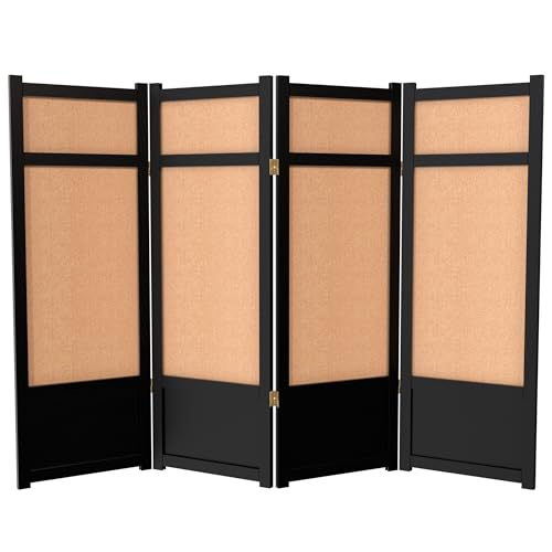 4 ft. Short Low Jute Shoji Screen - 4 Panel - Black Red Lantern