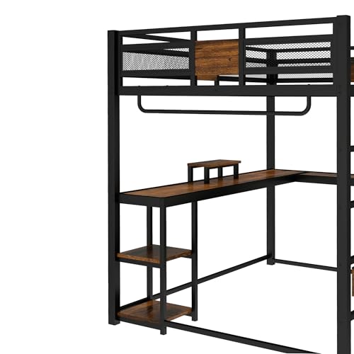 Ball & Cast Queen Size Loft Bed with L Shaped Desk and Storage Drawers, Metal Loft Bed Frame with Safety Rails & Ladders for Kids Teens Adults, Nosie-Free,No Box Spring Needed,Easy Assembly,Black Ball & Cast